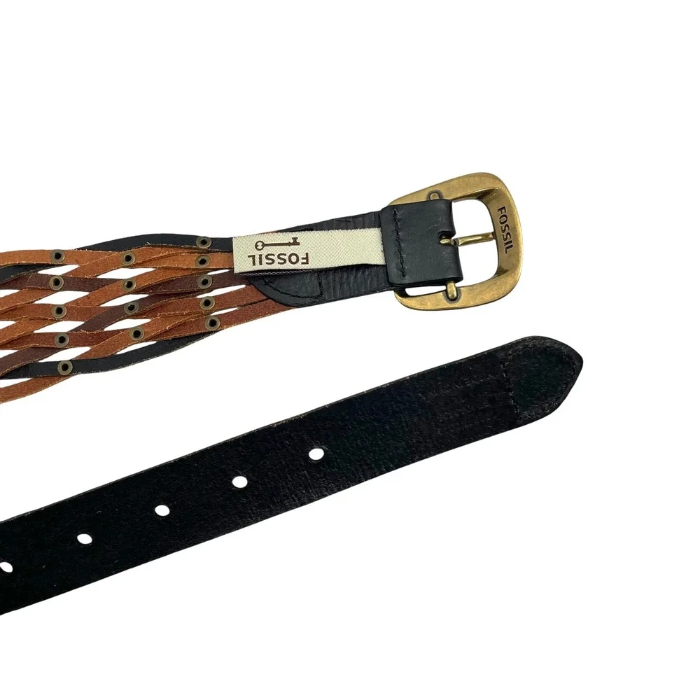 Fossil woven braided leather studded ‎ belt Size M boho artsy statement western